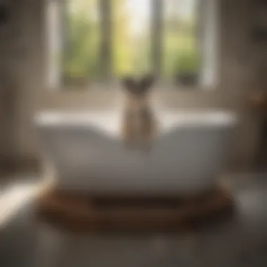 Elevated dog bath tub with steps shown in a modern bathroom