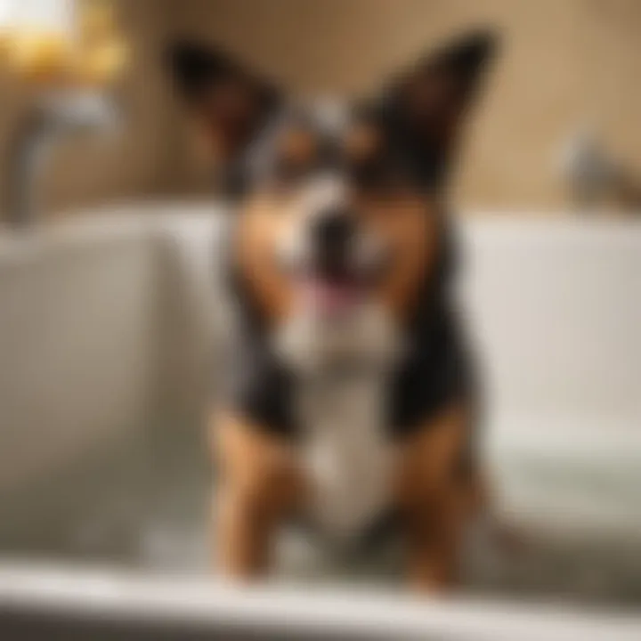 Happy dog enjoying a bath in a tub with steps