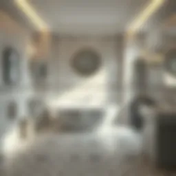 A stylish bathroom featuring elegant tile flooring that showcases intricate patterns.