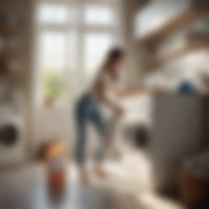 A woman holding a bottle of eco-friendly laundry detergent in a sunlit laundry room