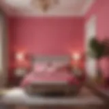 A serene bedroom featuring hot pink walls and complementary decor