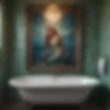A serene bathroom adorned with vintage mermaid artwork.