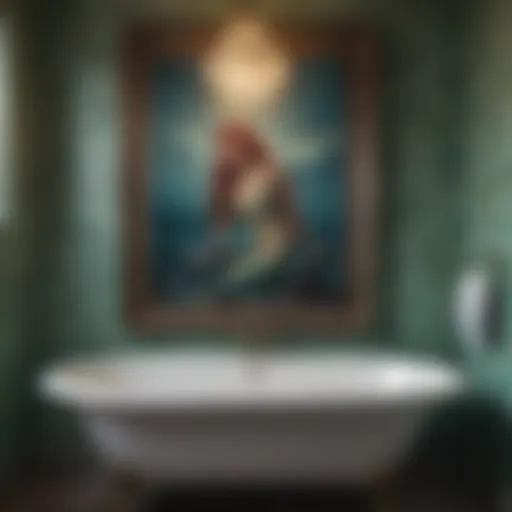 A serene bathroom adorned with vintage mermaid artwork.
