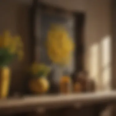 Artistic arrangement of mustard color decor items on a shelf