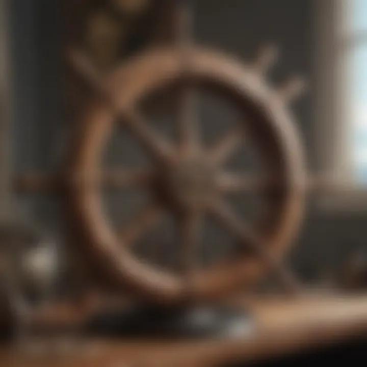 Stylish nautical decor featuring a ship wheel and coastal artwork