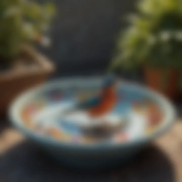 Colorful ceramic bird bath attracting various birds