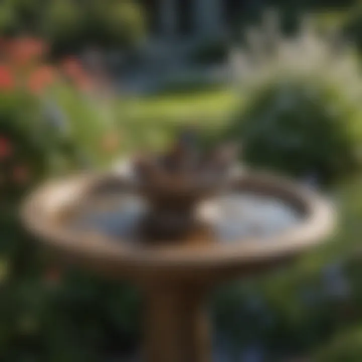 Wooden bird bath surrounded by blooming flowers