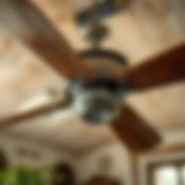 Vintage Ceiling Fan in Rustic Decor Close-up of a vintage ceiling fan in a rustic setting