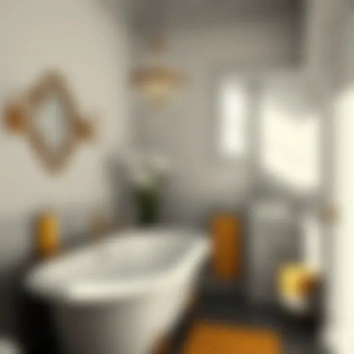 Serene Bathroom Design with Yellow and Gray A serene bathroom featuring yellow and gray decor elements