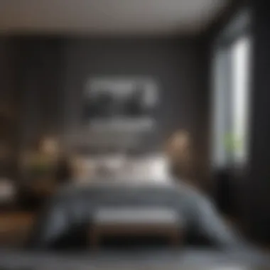 Mood lighting enhanced by dark grey curtains in a cozy bedroom