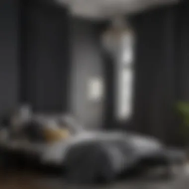 A bedroom styled with dark grey curtains and complementary decor