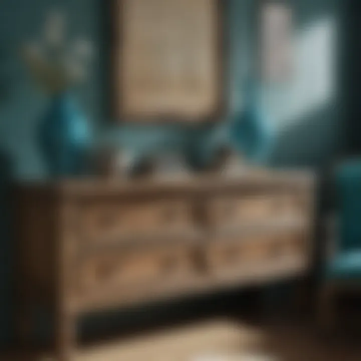 Close-up of turquoise accents and rustic wooden furniture.