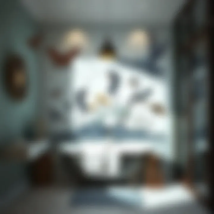 A whimsical bathroom adorned with artistic wall art