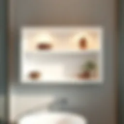 Elegant white wall mounted shelf with decorative items in a modern bathroom