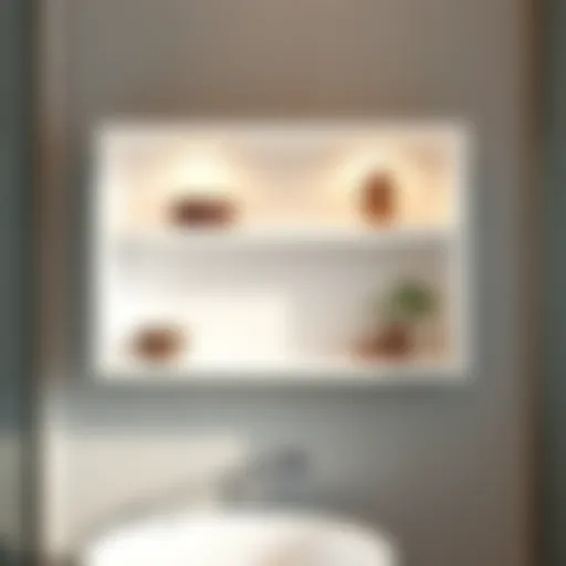 Elegant white wall mounted shelf with decorative items in a modern bathroom