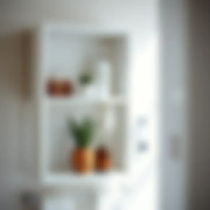 Close-up of white wall mounted shelf showcasing organized bathroom essentials