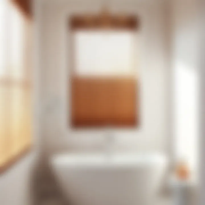 Installation of faux wood blinds in a bright, airy bathroom