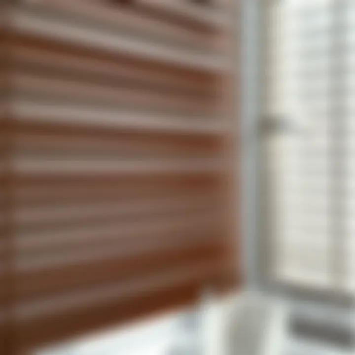 Close-up of faux wood blinds showcasing texture and color