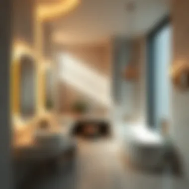 Luxurious bathroom featuring a large floating mirror with ambient lighting