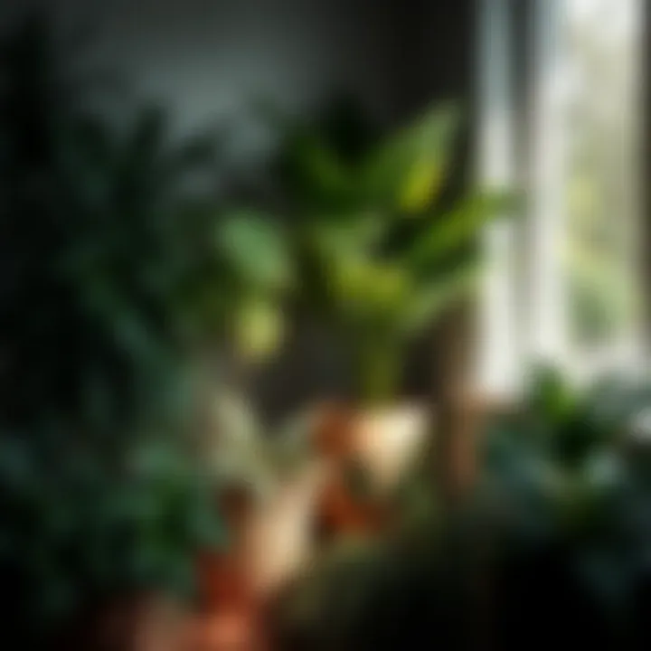 Stylish arrangement of various indoor plants in a dimly lit corner