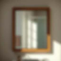 Sleek wooden frame around a modern bathroom mirror