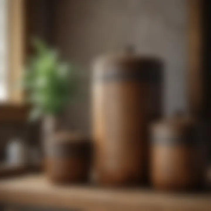 Rustic wooden canisters adding charm to bathroom decor