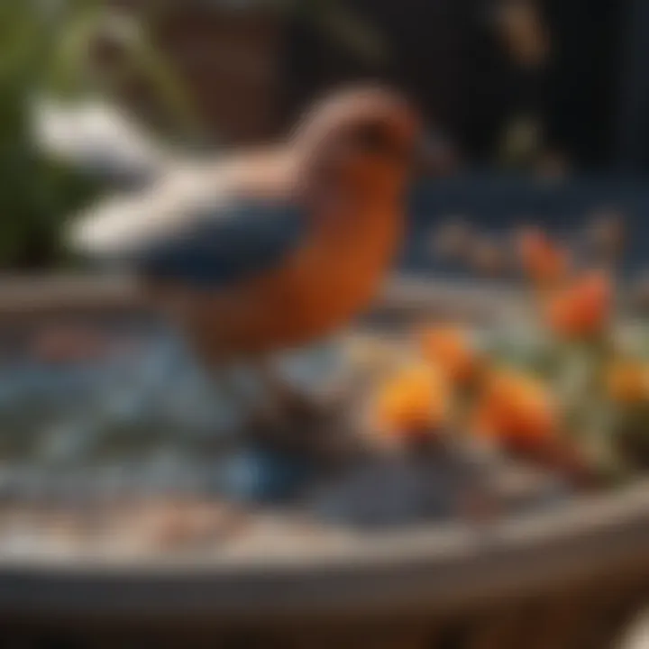 Close-up of intricate ceramic designs on a bird bath