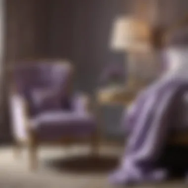 A beautifully styled lavender bedroom chair with soft lighting