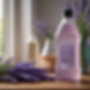 A close-up view of fragrant lavender flowers next to a bottle of detergent.