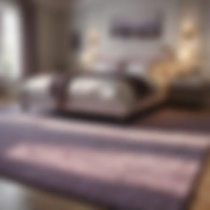 Elegant light purple rug in a cozy bedroom setting