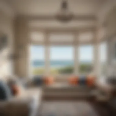 A cozy reading nook by the window of a coastal-inspired master bedroom.