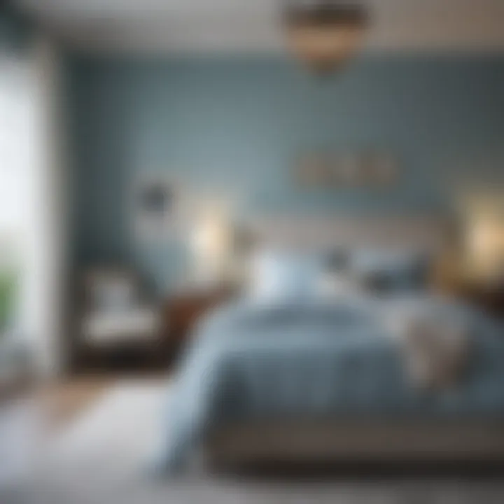 A serene coastal master bedroom featuring soft blue walls and airy linens.