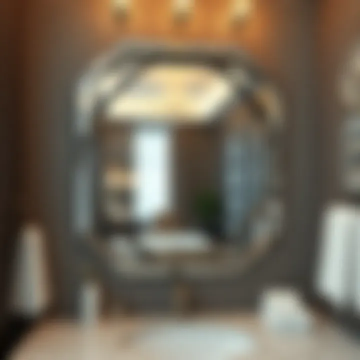 Artistic Flair: Geometric Mirror in a Contemporary Bathroom Unique geometric mirror reflecting stylish bathroom decor