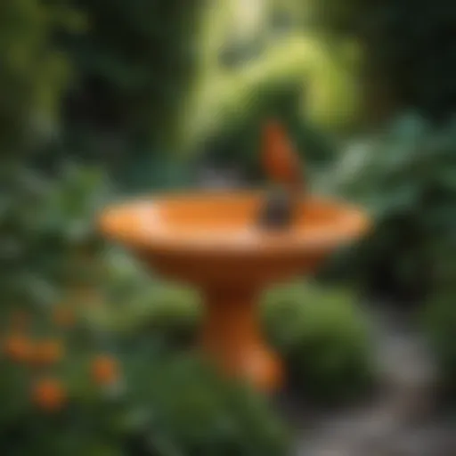 Elegant orange ceramic bird bath surrounded by lush garden foliage