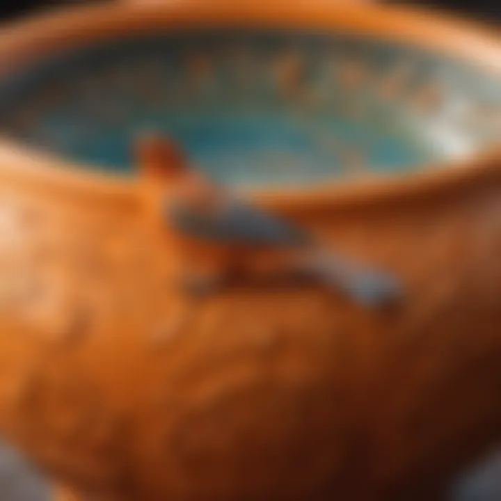 Close-up of intricate design patterns on an orange ceramic bird bath