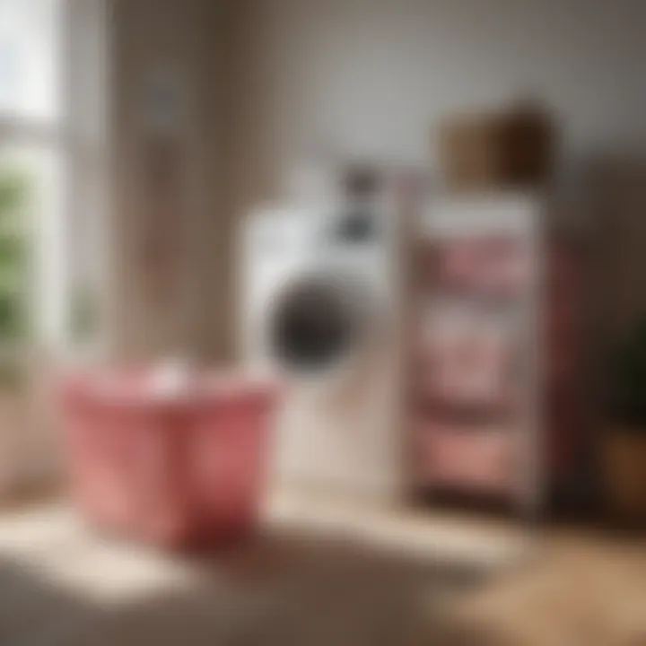 Organized laundry area showcasing the pink laundry basket with wheels