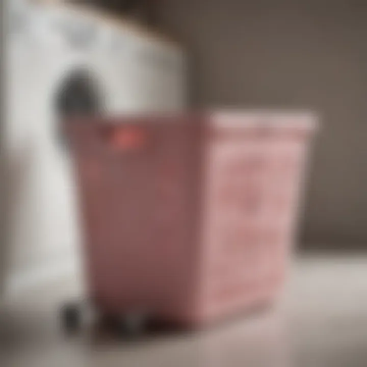 Close-up of the functional design features of a pink laundry basket with wheels