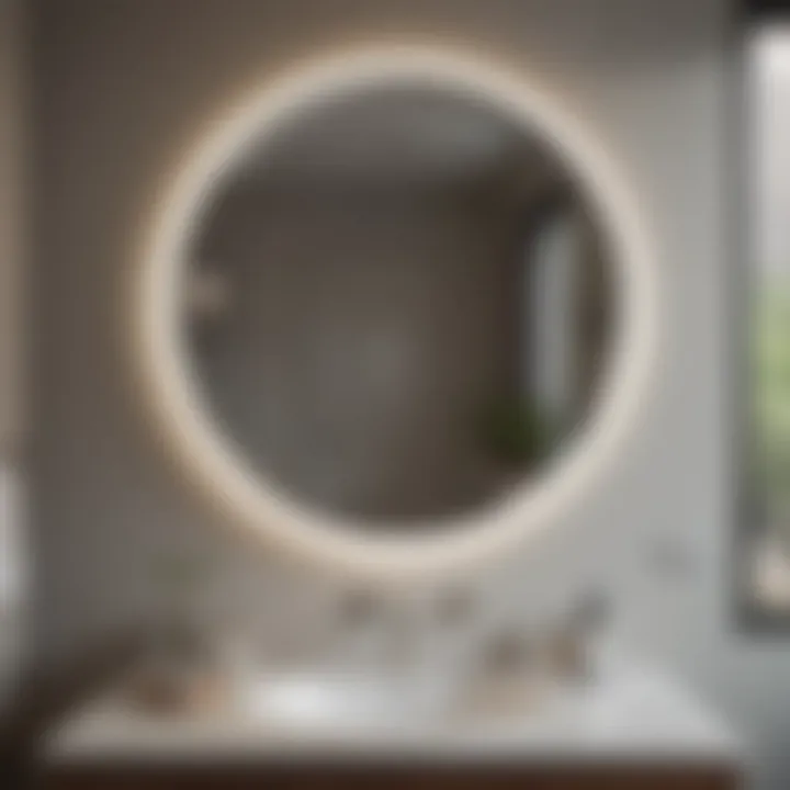 Stylish round mirror placed above a vanity, enhancing bathroom aesthetics