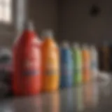 Colorful laundry detergent bottles arranged artfully