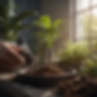 Close-up of a soil tester in use on potted plants