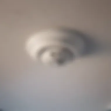 Close-up of a smoke detector installed on a bedroom ceiling