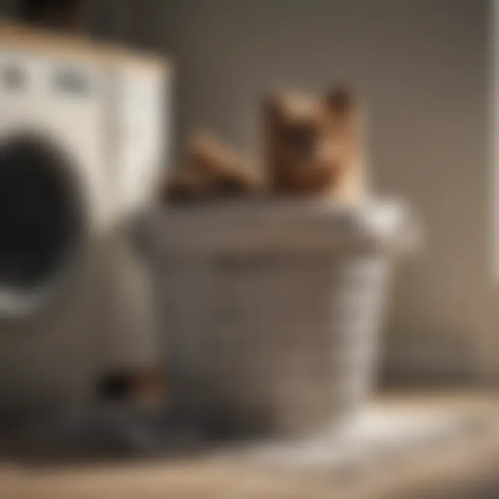 A laundry basket filled with clothes and dog hair