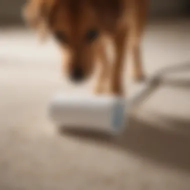 Close-up of a lint roller removing dog hair from fabric