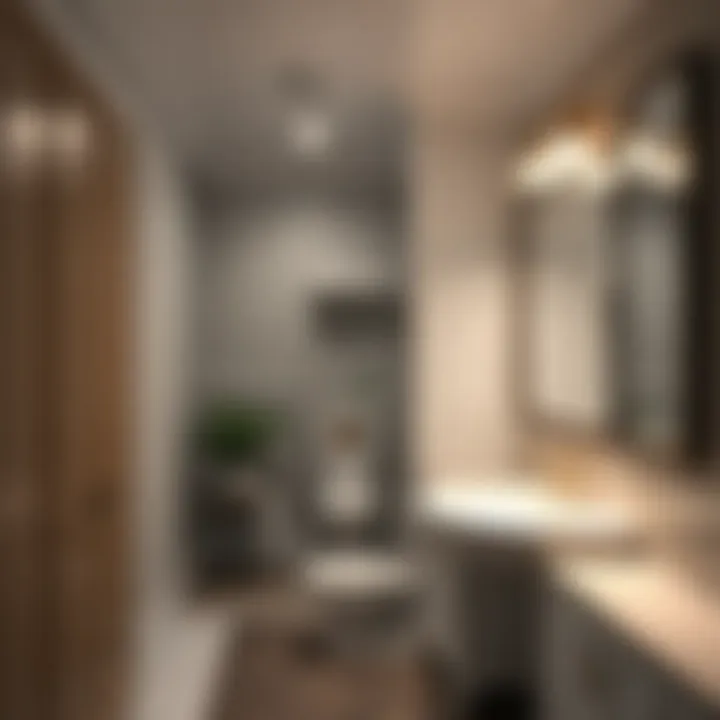 Bright Lighting Fixtures for Airy Atmosphere Bright lighting fixtures contributing to an airy atmosphere in a small bathroom