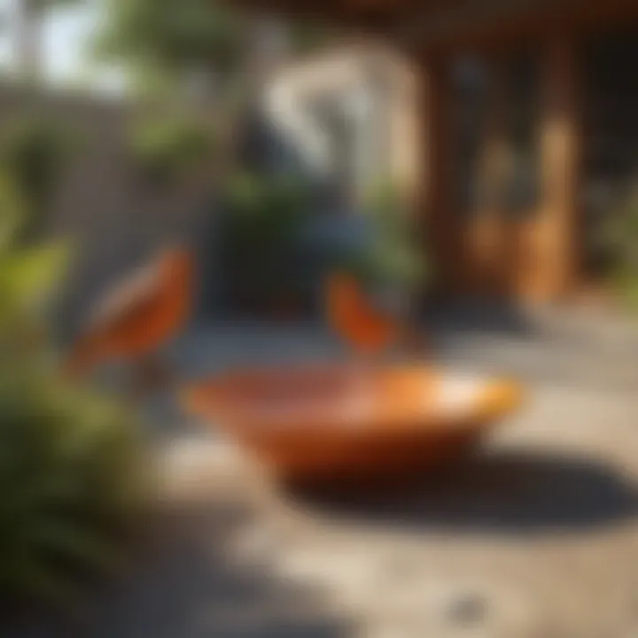 Stylish outdoor setting featuring an orange ceramic bird bath