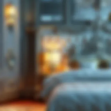 Stylish silver bedroom decor with layered textures and ambient lighting