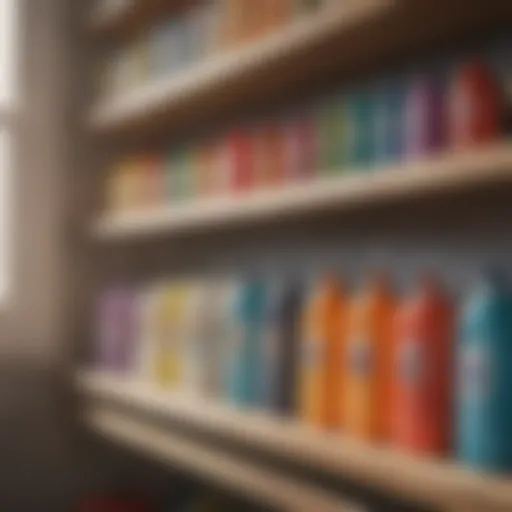 A vibrant array of colorful laundry detergents lined up on a shelf.