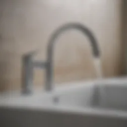 A close-up view of a sleek swiveling faucet in a modern bathroom setting