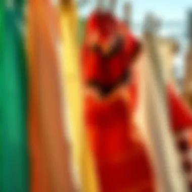 A close-up of vibrant fabrics hanging to dry