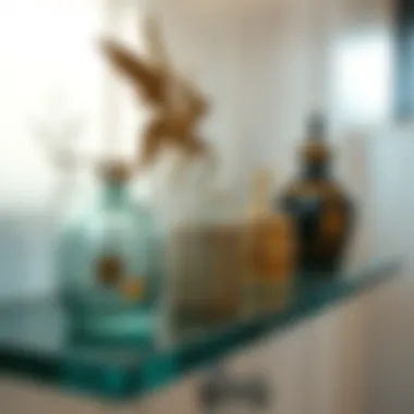 Close-Up of Decorative Items on a Tempered Glass Shelf Close-up view of a tempered glass shelf with decorative items